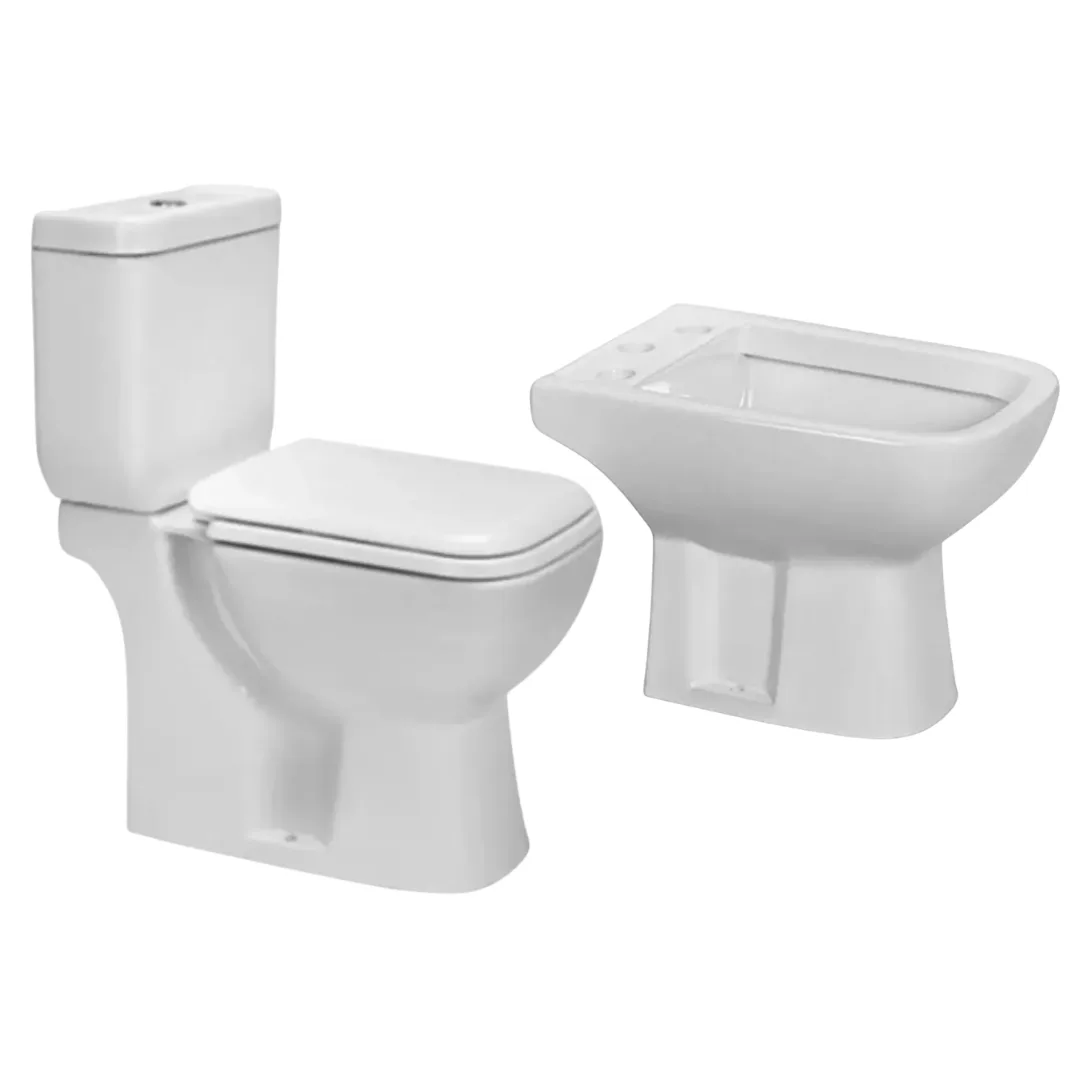 Combo Inodoro Largo Deposito Dual Tapa Suave + Bidet 3 Agujeros Blanco Piazza Amalfi